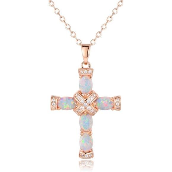 Gold Plated Opal Cross Necklace 18K Religious Pendant Jewelry Gift for Women - Picture 1 of 6